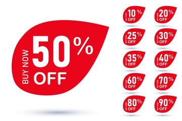 Buy now with different percent discount leaf shape label set. Sell off advertising red badge sticker template with various commercial offer vector illustration isolated on white background