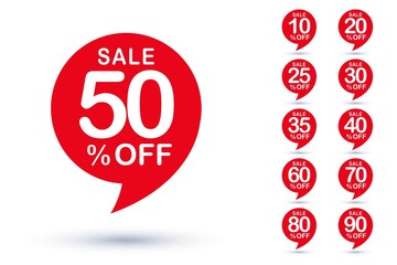 Different sale percentage discount cost reduce insignia label set. Online shop and store sell off announcement coupon bubble sticker design element vector illustration isolated on white background