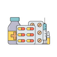 Medicines in various forms. Ampoules, pills, capsules medical icons  in trendy line style isolated on white background for web applications and mobile concepts. Vector illustration