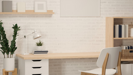 3D rendering, study table, book shelf, plant pot, frame, other decorations and chair, 3D illustration