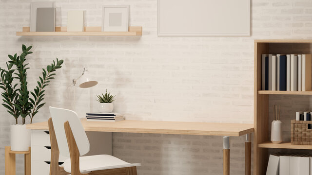 3D rendering, home office with worktable, book shelf, plant pot, frame, other decorations and chair, 3D illustration