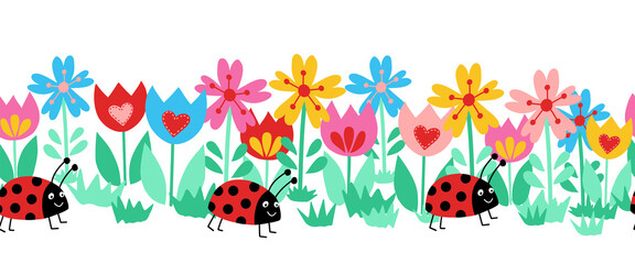 Seamless kids vector border ladybugs and flowers. Cute floral animal repeating horizontal pattern. Summer background children decor. Hand drawn illustration fabric trim, banner, wall decals, footer.