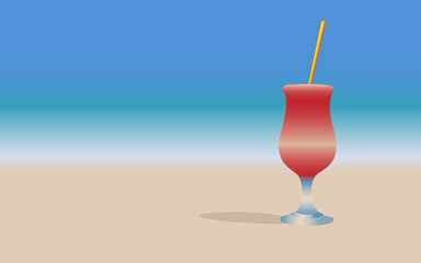 vector illustration summer mood image glass goblet with cocktail and straw standing in the sand by the sea