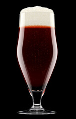 Frosty glass of fresh stout beer with bubble froth isolated on black background.