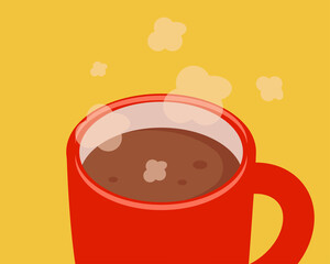 Close up: Hot coffee in red mug. Cartoon vector style for your design.