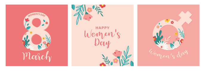 Collection of greeting card or postcard templates with flowers. Happy World Women's Day wish. Modern festive vector illustration for 8 March celebration.