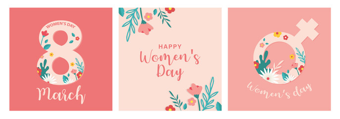 Collection of greeting card or postcard templates with flowers. Happy World Women's Day wish. Modern festive vector illustration for 8 March celebration.
