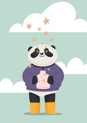 Cute postcard of panda with stars. Flat vector illustration.