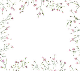 Obraz na płótnie Canvas The watercolor frame of small wild pink flowers on a white background 