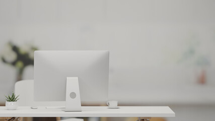 3D rendering, worktable with computer, coffee cup and plant pot in home office, 3D illustration