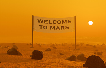Martian landscape with a sign that says 