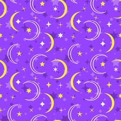 Colorful seamless pattern with yellow and white moon and stars on purple background. Stock vector illustration.