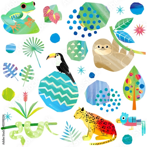 背景透過 熱帯雨林の動物達の水彩風のイラスト素材 Wall Mural Fumimicreative