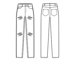 Ripped Jeans distressed Denim pants technical fashion illustration with full length, low waist, rise, coin, 5 pockets, Rivets. Flat bottom template front, back white color style. Women, men CAD mockup