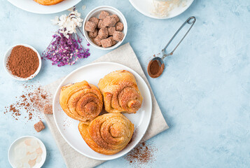 Fresh, crispy buns with cocoa on a light blue background. Spring breakfast. The concept of baking.