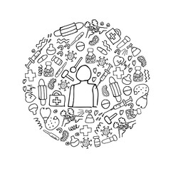 Medical supplies for treatment and vaccination in a circle.