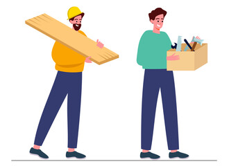 Carpenter with a board, carpenter with a tool box