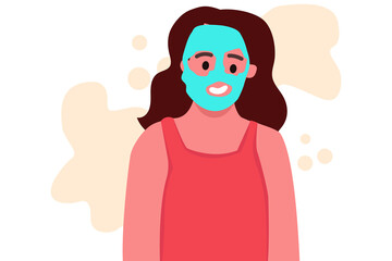 Vector character girl with a cosmetic mask on her face. Flat vector