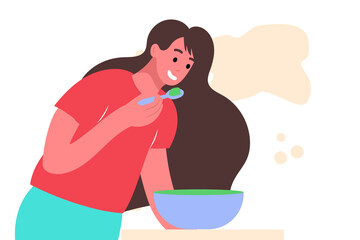 Happy woman cooking and trying food on kitchen table. Flat vector illustration
