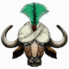 Buffalo Bison mascot head. Animal portrait. Animal and wizard hat. Sorcerer and magican