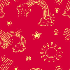 Naklejka premium Seamless pattern with rainbow, clouds and sun. Simple color vector illustration.