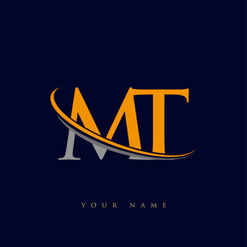 Initial Letter MT Logotype Company Name Yellow And Grey Swoosh Design. Isolated On Dark Background.