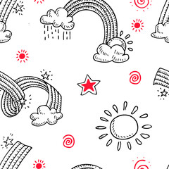 Seamless pattern with rainbow, clouds and sun. Simple color vector illustration.