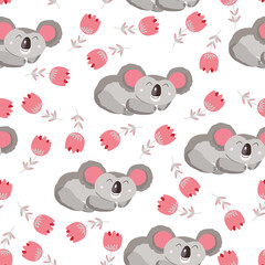 Seamless pattern with cute koala baby and flowers on light background. Funny australian animals. Card, postcards for kids. Flat vector illustration for fabric, textile, wallpaper, poster, paper.