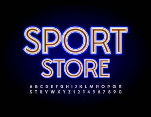 Vector bright Sign Sport Store with trendy Uppercase Font. Neon glowing Alphabet. Illuminated Letters and Numbers set