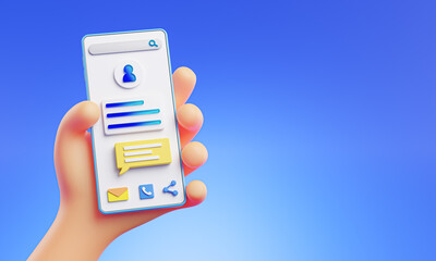 Cute Hand 3D Rendering Holding Phone Blue Background