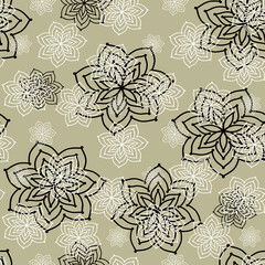 Fototapeta premium Seamless repeat pattern with white and black flowers on gray background.Used for drawn fabric, gift wrap, wall art design.
