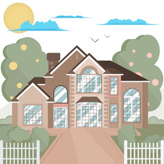 Naklejka premium Country house with nature. Farm in the countryside. Cottage among the trees. Cartoon vector illustration. Made in flat strength.