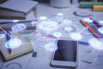 Fototapeta premium Double exposure of social network theme drawing and cell phone background. Concept of people connection over the world