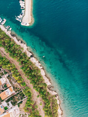 Croatia coast, Adriatic sea. Beautiful seascape and rocks, overhead view from drone in Drage,...