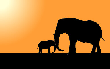 Fototapeta na wymiar vector illustration of a black silhouette of a large elephant with a baby elephant are touching their trunks against the background of the hot African sun