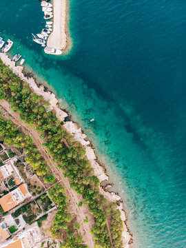 Croatia coast, Adriatic sea. Beautiful seascape and rocks, overhead view from drone in Drage, Pako&scaron;tane.