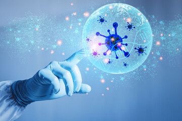 Doctor professional scientist Hand with anti-virus gloves points to the graphic, technology, mark, medical protection. The concept of antivirus protection with technology