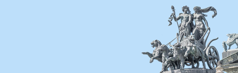 Banner with old statue of Dionis and Aridna quadriga with four panthers on the top of the State...