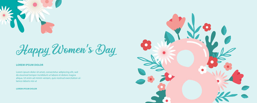 Greeting banner or postcard template for World Women's day. Happy Womens Day card with flowers . Modern floral vector illustration for 8 March celebration.