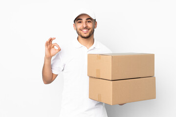 Delivery Arabian man isolated on blue background showing an ok sign with fingers