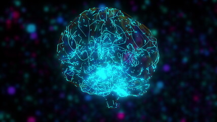 Computer generated model of artificial intelligence. 3d rendering of the digital brain against the backdrop of colored blurred particles