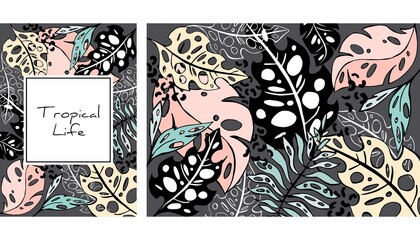 Tropical color leaves pattern, hand drawn vector illustration. Tropical plants print. Summer design. Creative background.
