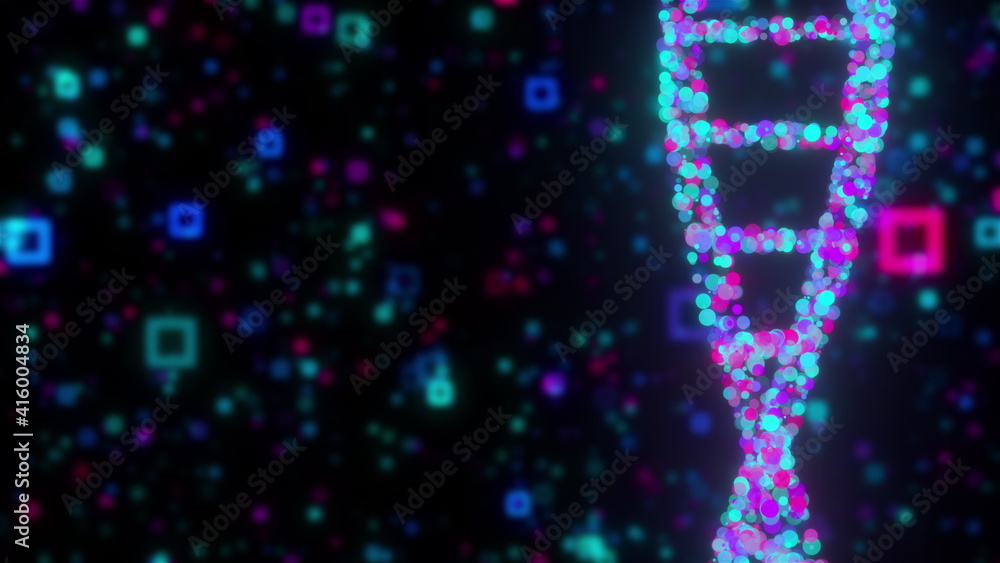 Aufkleber digital dna double helix against the colored blurred particles, computer generated. 3d rendering of 