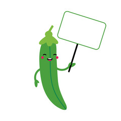 Cute smiling cartoon green peas pod character holding empty, blank sign, banner in hand.