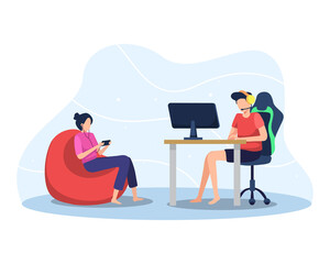Gamer and streamer illustration concept. Playing online games, Boy playing online game on PC, Girl playing mobile game. Concept of Professional gamer, Online streaming illustration. Vector flat style © Fand