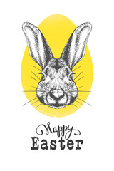 Fototapeta premium Hare sketch, head portrait on yellow egg- background. Easter poster, card template with greetings