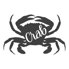 Logotipo con texto manuscrito Crab escrito a mano en silueta de cangrejo en color negro