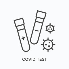 Covid test flat line icon. Vector outline illustration of laboratory equipment. Black thin linear pictogram for blood diagnostic