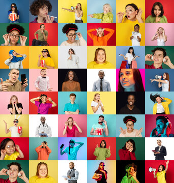 Collage of faces of 35 emotional people on multicolored backgrounds. Expressive models, multiethnic group. Human emotions, facial expression concept. Shocked, winner, frightened, successful, gremaces.