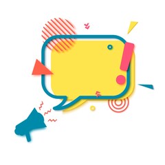 Yellow speech bubble and megaphone in paper cut art. Memphis style banner with exclamation mark sign. Colorful sticker with place for promotion text, price tag, sale ad. Papercut vector illustration.
